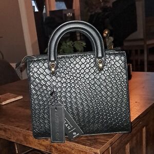 Black Woven Top-Handle Tote